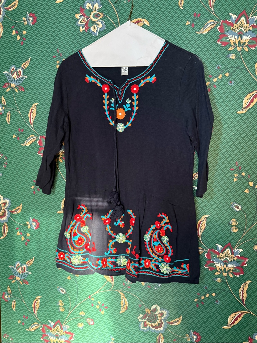 Embroidered Black Boho Tunic with Multicolor Floral Accents